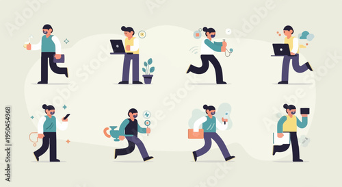 Diverse individuals engaged in various activities with technology