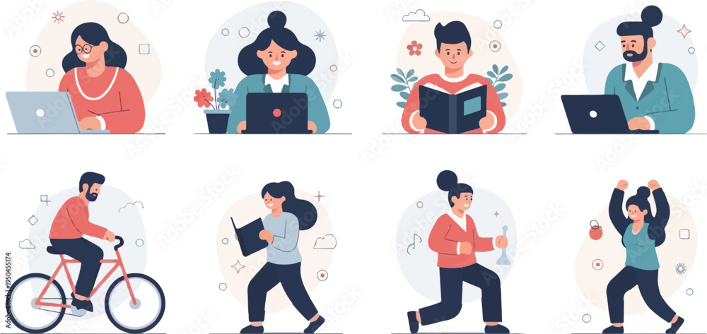 Fototapeta premium Diverse people engage in work, learning, cycling, and fitness activities
