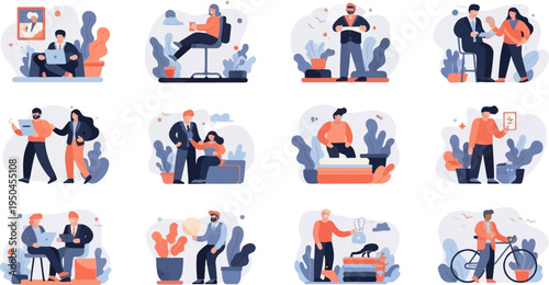 Diverse individuals engaged in various daily activities, work, and leisure pursuits