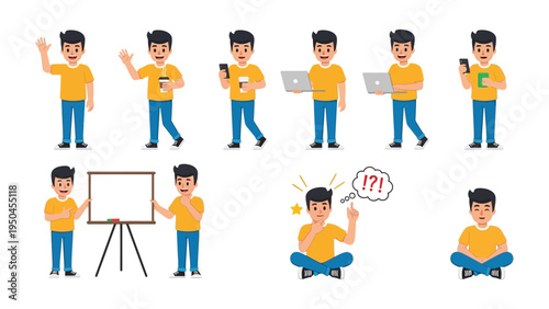 Man's varied activities : a collection of illustrations shows a man in different poses, engaged in daily actions, against a background