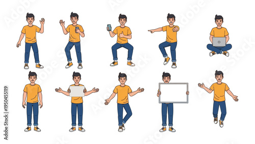 Young Man in Various Poses: A versatile illustration showcasing a young man in various dynamic poses, using technology, and displaying expressions and gestures for diverse applications.
