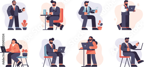 Diverse individuals in professional attire engage with technology and beverages in varied settings