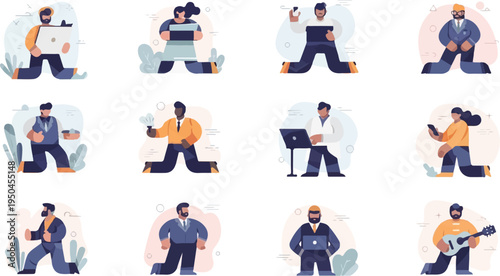 Diverse individuals in business attire, some with laptops or phones