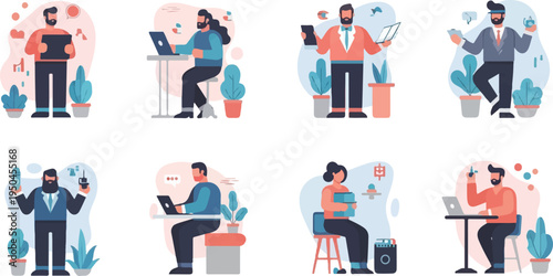 Diverse individuals engaged in various digital and personal tasks