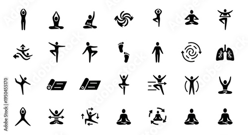  Vector Icons Set of Yoga Pose Silhouettes in Dynamic Meditation Sequence.