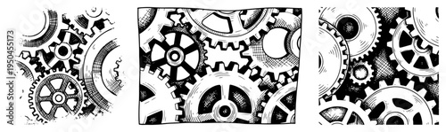 Set of mechanical gear textures and interlocking cogwheels illustrations