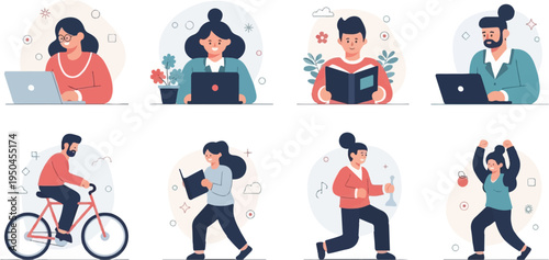 Diverse people engage in work, learning, cycling, and fitness activities