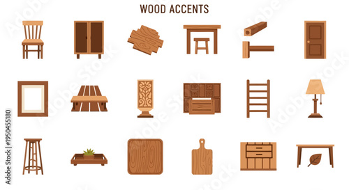 Vector Icons Set of Wooden furniture collection isolated on white.