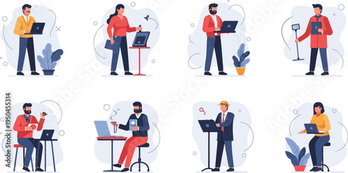Diverse individuals engaged in various work and leisure activities, featuring technology