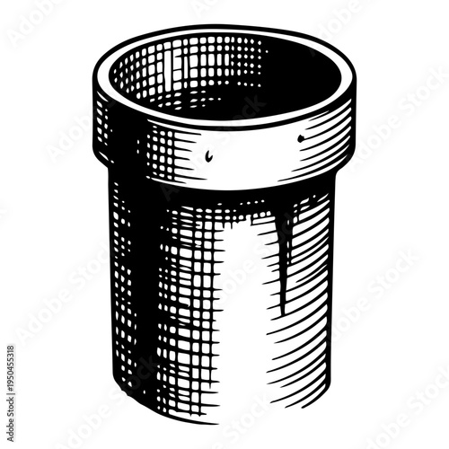 Vertical cylindrical concrete pipe or drain section in detailed engraving style