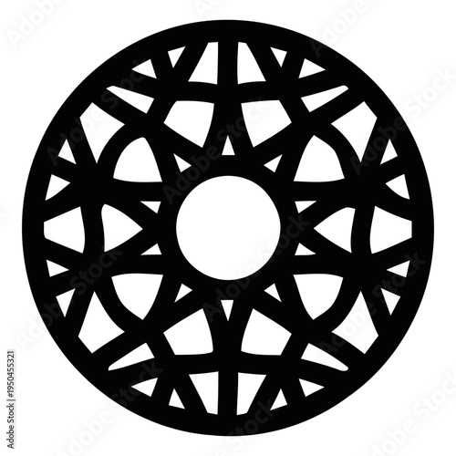 Intricate black circular geometric ornament with interlacing lines and radial symmetry for laser cutting, logo design, and decorative graphic patterns
