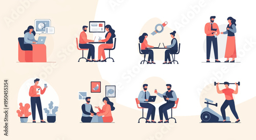 Diverse modern work, social, and fitness scenes in minimalist flat art