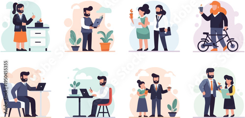 Diverse office workers engaged in various professional activities and commutes