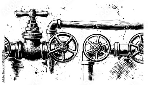 Industrial plumbing background with pipes and control valves in grunge style