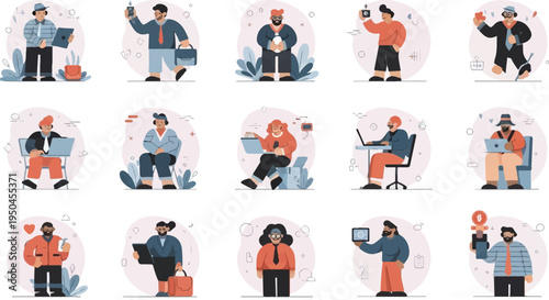 Diverse individuals engaged in work and communication with technology