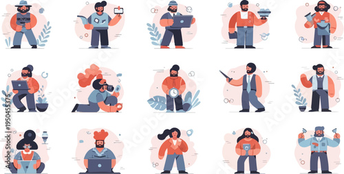 Diverse people depicted in flat, stylized illustrations, engaged in various activities