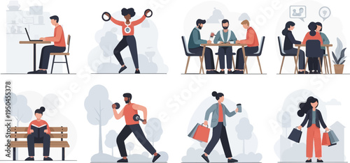 Diverse people engage in daily life activities work, exercise, social