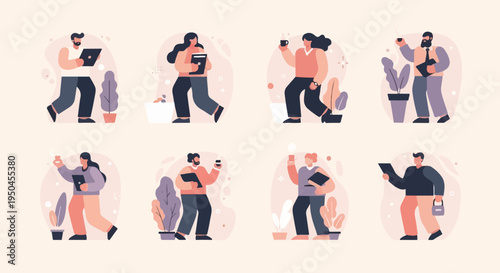 Diverse individuals engaged in work and leisure activities with digital devices