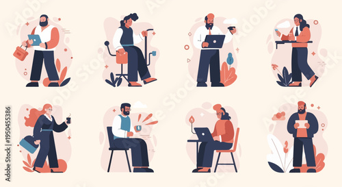 Diverse individuals engaged in work and leisure activities with laptops and coffee cups