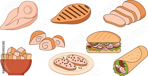 Chicken Poultry Food Vector Collection Featuring Raw Chicken Breast, Grilled Chicken Fillet, Sliced Chicken Meat, Chicken Sandwich Burger and Chicken Wrap Illustration