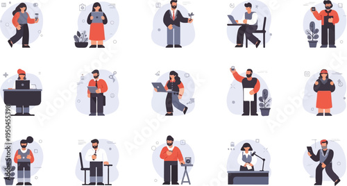Diverse individuals engaged in work and leisure activities with technology