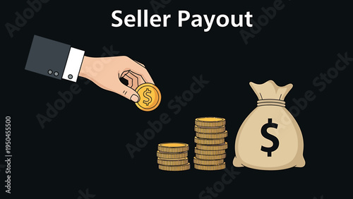 Seller Payout illustration Hand giving coins to stack and money bag, representing financial transactions and earnings