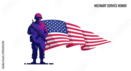 A soldier in silhouette stands proudly with a rifle before a waving American flag, symbolizing military service honor on National Vietnam War Veterans Day with a patriotic and solemn mood