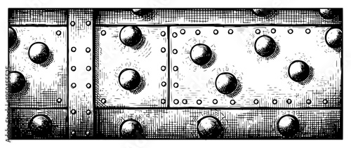 Detailed texture of riveted metal plates and heavy steel armor in engraving style