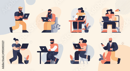 Diverse individuals engaged with laptops and smartphones in various settings