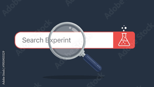 Online Search Bar Focused on Scientific Inquiry and Experimentation, Illustrated with a Magnifying Glass and Lab Flask Icon for Discovery