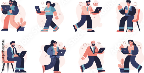 Diverse people in modern attire using laptops and smartphones in abstract settings