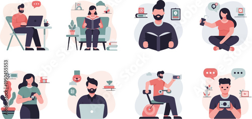 Diverse people engaged in various modern activities like remote work, reading, and using devices