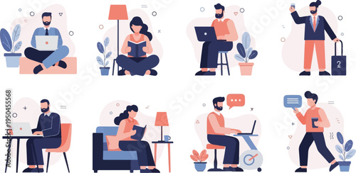 Diverse individuals engaging in various activities like working, reading, and communicating