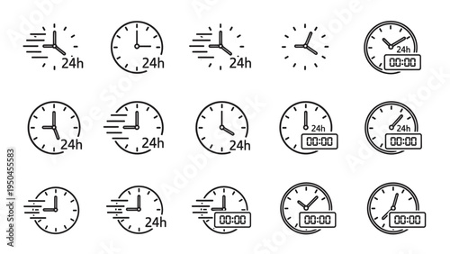 Diverse collection of outline icons representing 24-hour service, fast delivery, and continuous time operations for modern business and digital applications