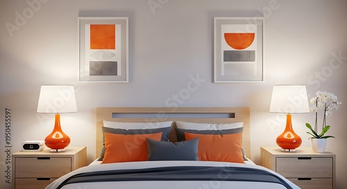 Symmetrical bedroom setting featuring modern lighting and abstract wall art above a wooden headboard