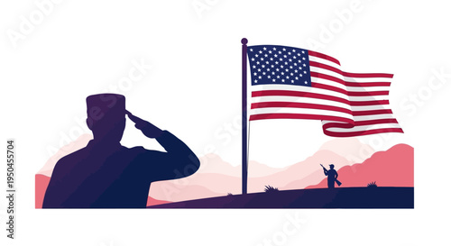A silhouette of a soldier saluting in front of a waving American flag with a mountainous background, symbolizing patriotism and military service honor on National Vietnam War Veterans Day