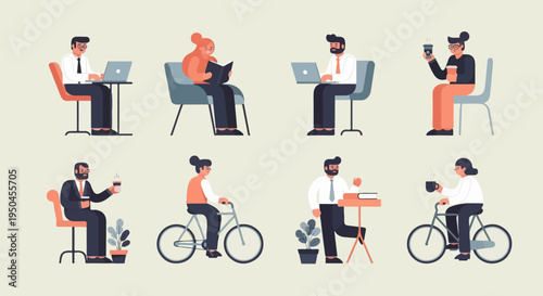 Diverse people engage in various work and leisure activities, some with coffee