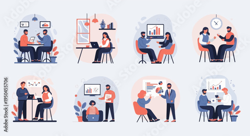 Diverse professionals collaborate and present data in modern office settings