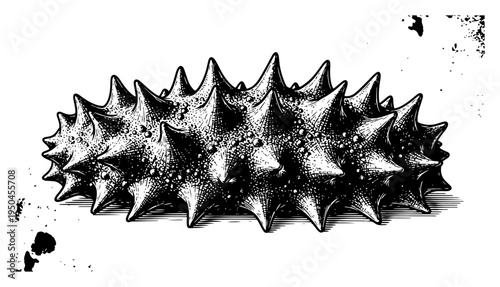 Detailed engraving style illustration of a spiky sea cucumber marine creature