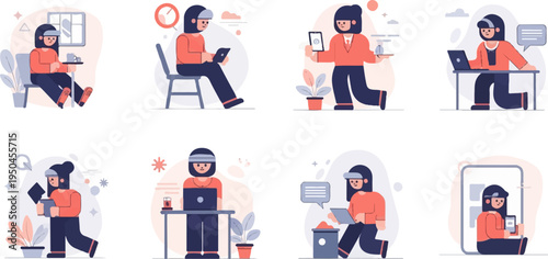 Diverse people engaged in digital tasks, showcasing remote work and personal device interaction