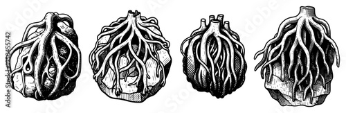 Hand drawn engraving style set of marine sea squirts on rocks