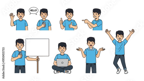 Diverse Gestures of a Young Man: A set of illustrations showcasing a young man expressing different emotions and actions, from greeting and pointing to working on a laptop.