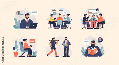 Diverse professional team collaborating and individuals working, exercising, and reading