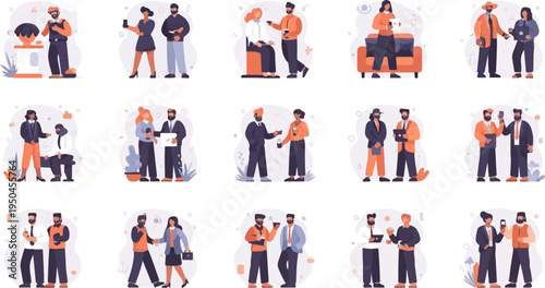 Diverse people engaged in professional and casual interactions, holding devices and drinks