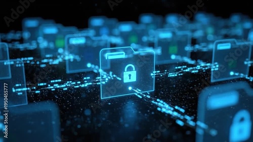 Digital Fortress: Illuminated file folders intertwined with secure data streams, symbolizing the safeguarding of confidential information within a digital environment.