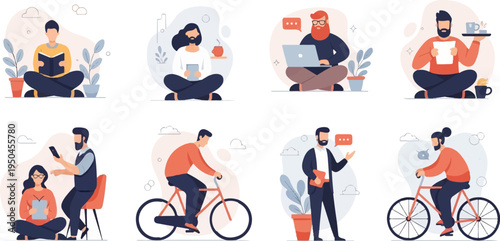 Diverse people engaged in reading, working, and cycling activities