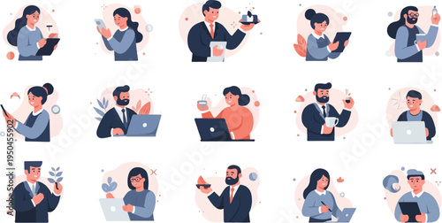 Diverse professionals engaged in digital tasks and workplace activities