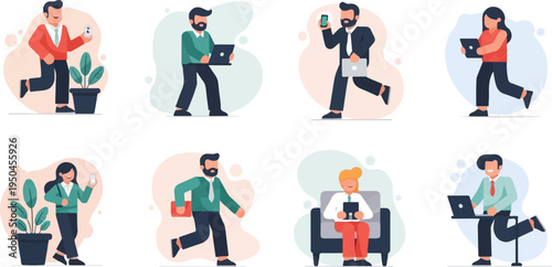 Diverse professionals engaged in modern work activities with digital devices and plants