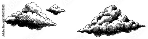 Two large fluffy cumulus clouds detailed in hand drawn engraving style