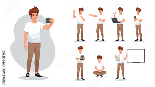 Tech-savvy Man with Gadgets: This image depicts a modern man in various poses, interacting with different gadgets like a tablet, laptop, and smartphone.